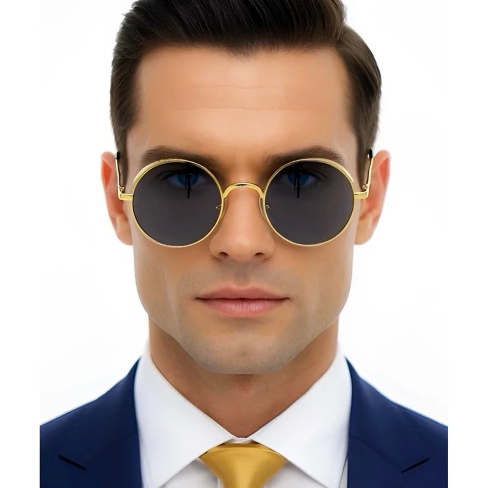 Dark Black Lens Round Thick Frame Gold Metal Sunglasses Men Hip Hop Style Trendy